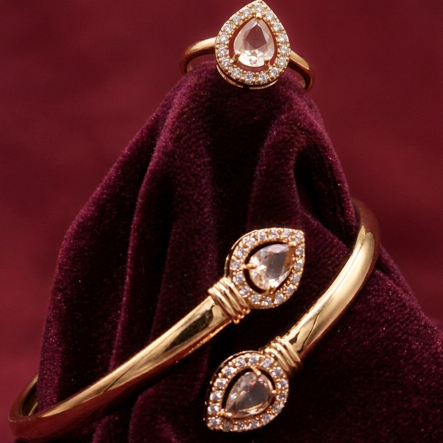 Gold Teardrop Halo Bracelet and Ring Set for Women - Turquoise & Clear Crystal Jewelry - Maham's Collection
