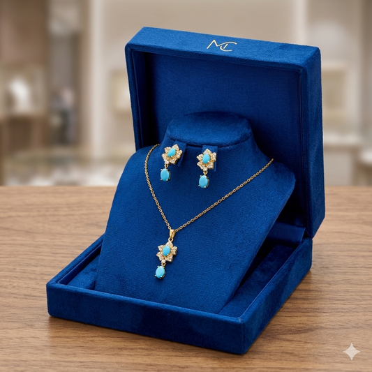 Regal Floral Halo Jewelry Set – Emerald, Ruby, and Turquoise Flower Pendant & Drop Earring Set