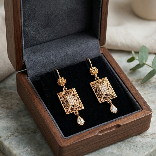 Vintage Filigree Rectangular Drop Earrings with Teardrop Crystal – Gold Plated Artisan Earrings
