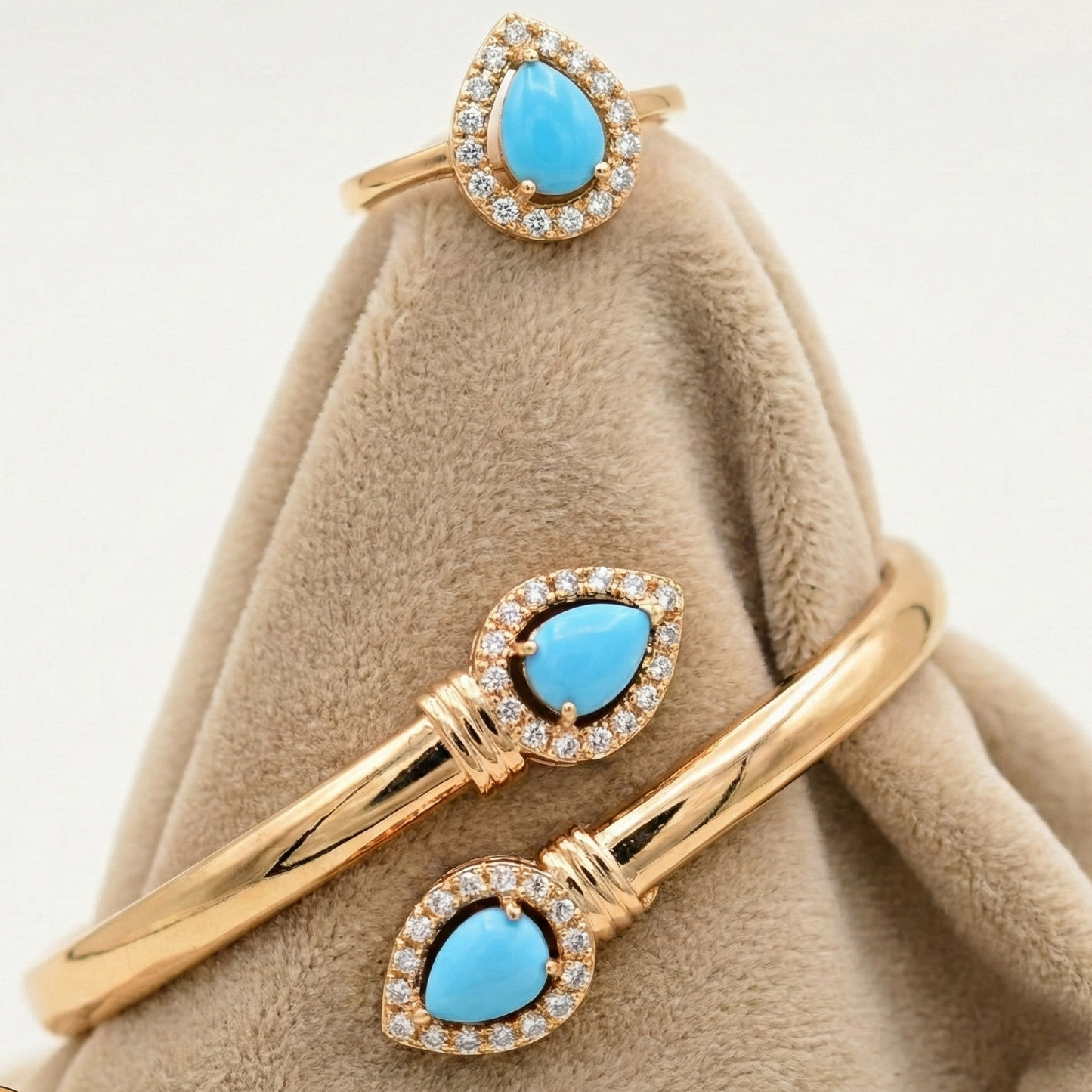 Gold Teardrop Halo Bracelet and Ring Set for Women - Turquoise & Clear Crystal Jewelry - Maham's Collection