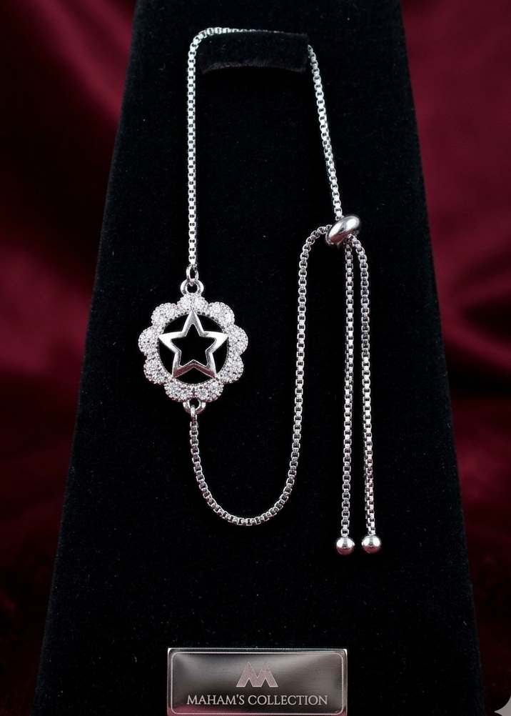 Crystal Star & Floral Slider Bracelet for Women - Adjustable Silver Chain