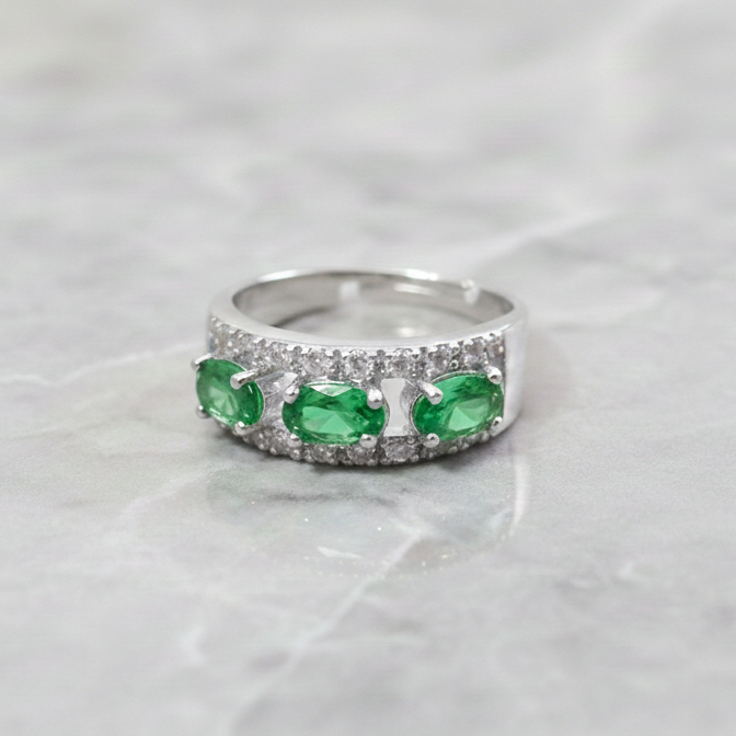 Luminous Oval Triple-Stone Adjustable Ring – Elegant Pave Border Statement Piece