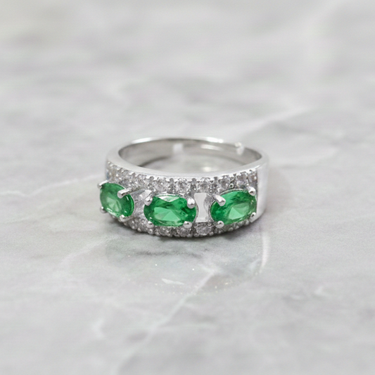 Luminous Oval Triple-Stone Adjustable Ring – Elegant Pave Border Statement Piece