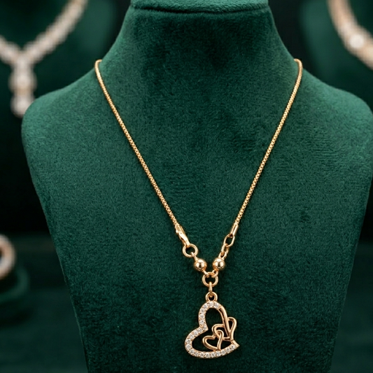 Rose Gold-Tone Double Heart Pendant Necklace | Dainty White Stone Love Jewelry