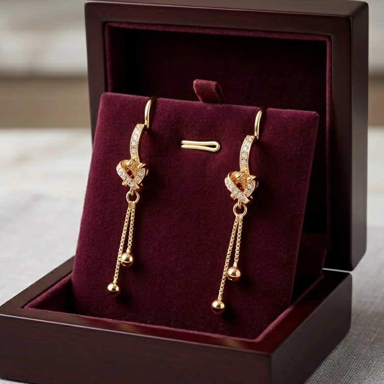 Elegant 18K Gold Plated Heart Crystal Drop Earrings with Long Tassels – Available in 4 Stunning Colors