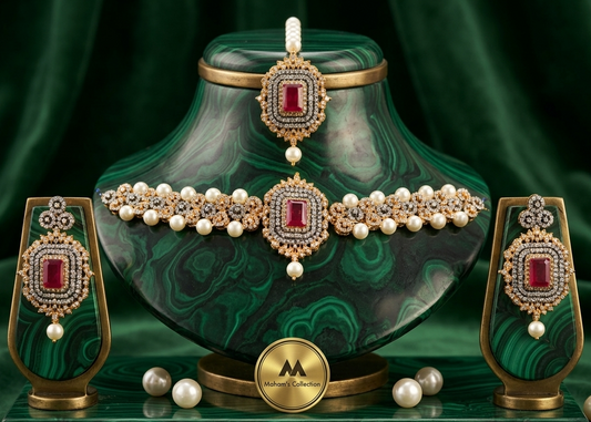 Square Stone & AD Necklace Set - Gold Plated Pearl Collar - Ruby Red & Sapphire Blue