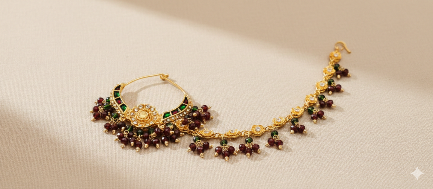 Traditional Kundan & Pearl Bridal Nath with Extended Floral Chain – Available in 6 Colors