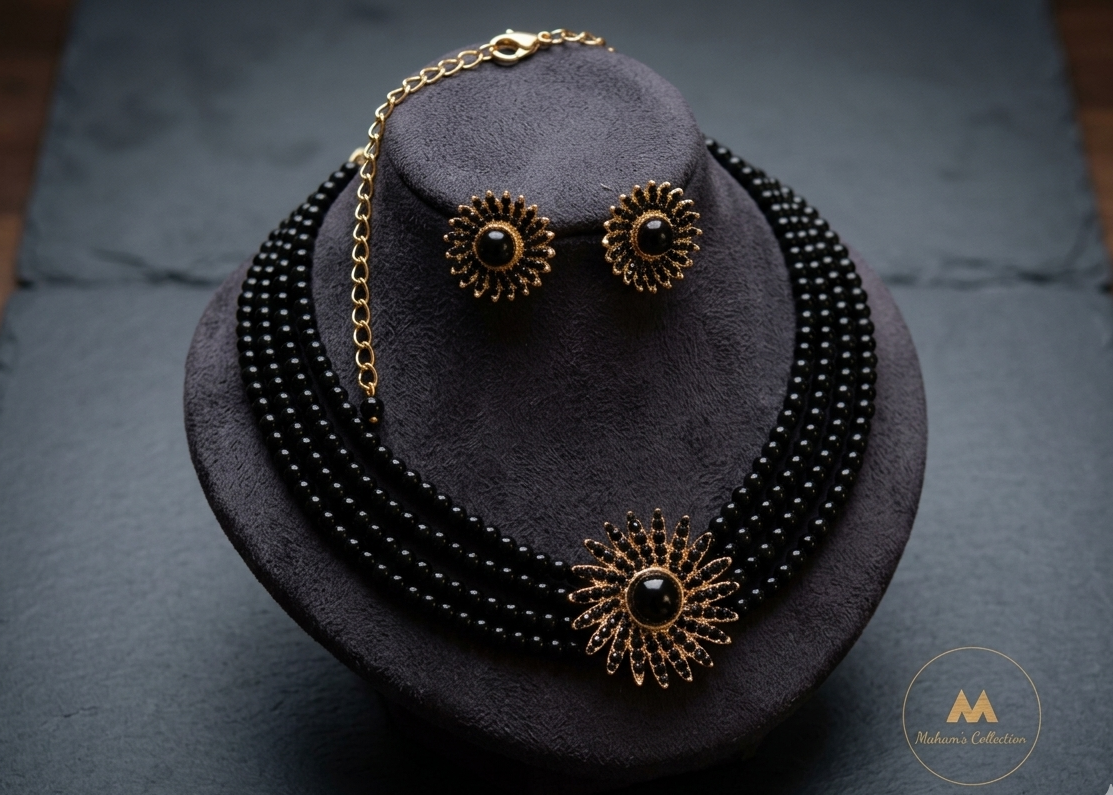 Three-Layered Pearl Beaded Choker Set with Starburst Pendant | 4 Colors