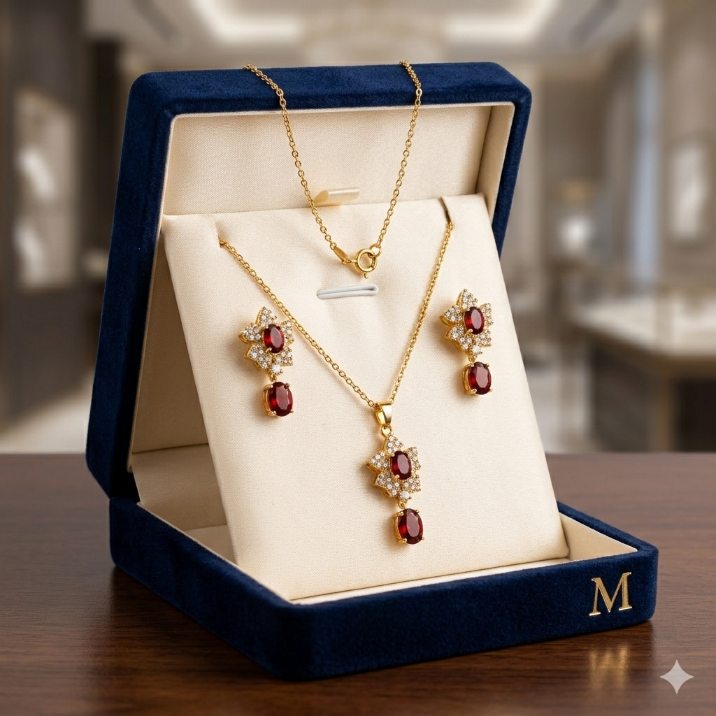 Regal Floral Halo Jewelry Set – Emerald, Ruby, and Turquoise Flower Pendant & Drop Earring Set