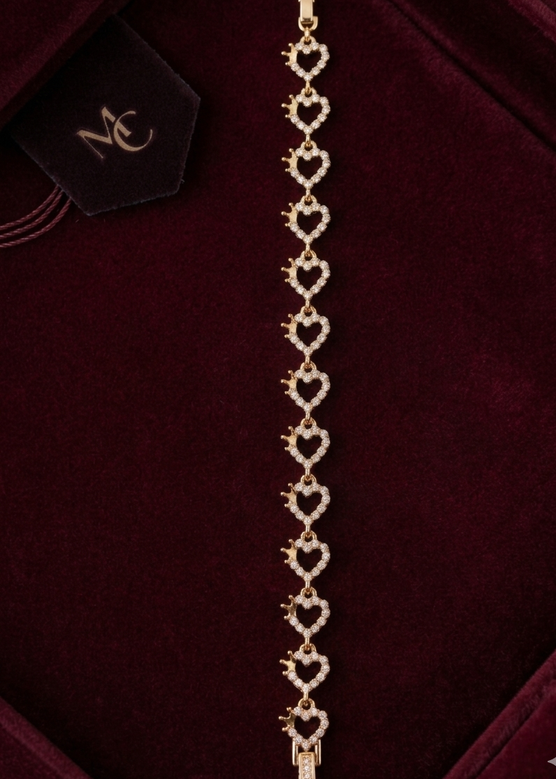 Dazzling Pave Heart Chain Bracelet for Women - Gold Tone, Free Size