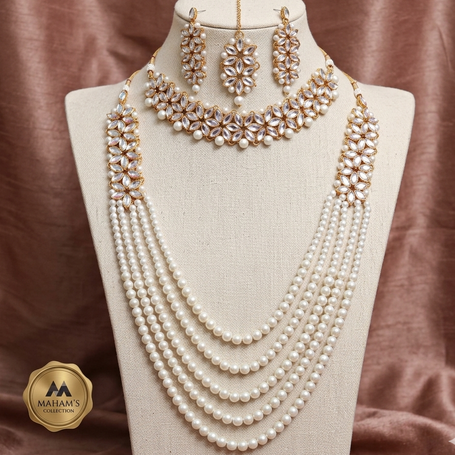 Regal Multi-Layer Pearl & Kundan Bridal Necklace Set - White & Gold (Free Size)