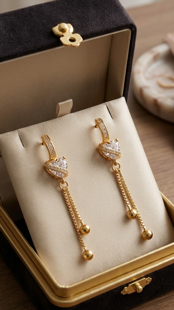 Elegant 18K Gold Plated Heart Crystal Drop Earrings with Long Tassels – Available in 4 Stunning Colors