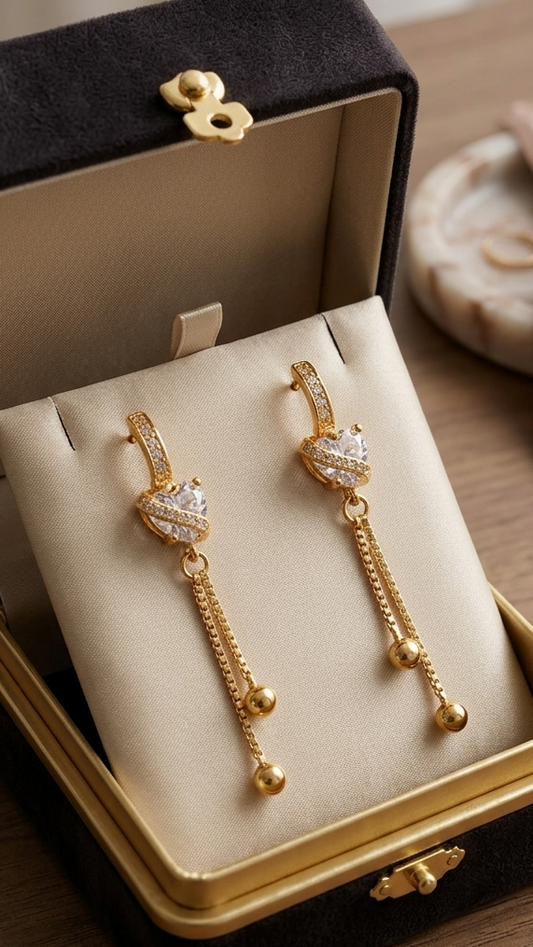 Elegant 18K Gold Plated Heart Crystal Drop Earrings with Long Tassels – Available in 4 Stunning Colors