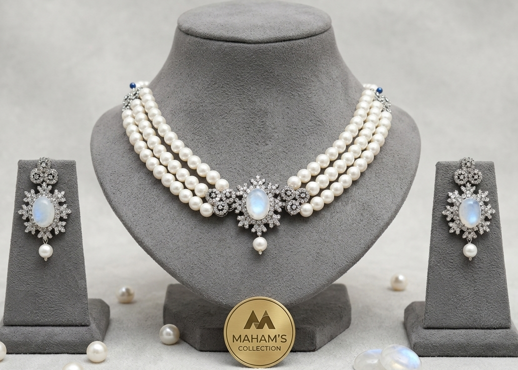 Elegant 3-Layer Pearl Choker Necklace & Earring Set - Available in 3 Gemstone Colors