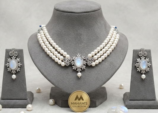 Elegant 3-Layer Pearl Choker Necklace & Earring Set - Available in 3 Gemstone Colors