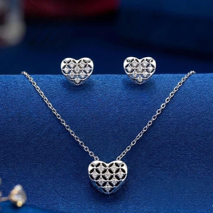 Filigree Heart Pendant & Earrings Set – Diamond-Cut Stone Studded Jewelry (Available in Gold & Silver)