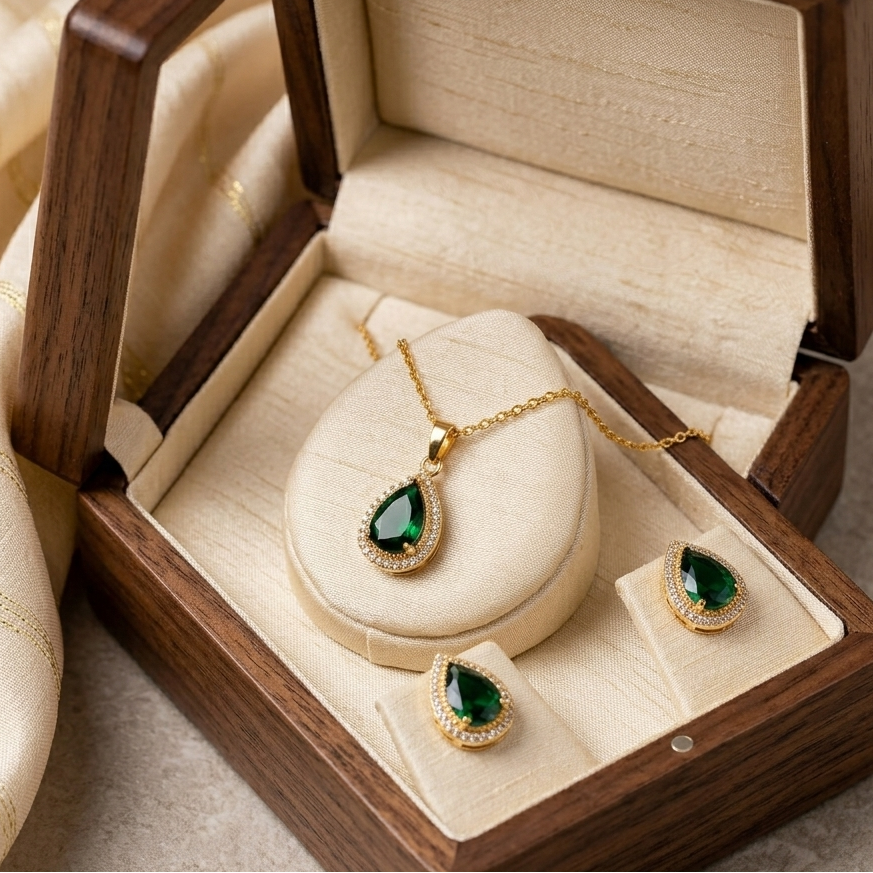 Regal Pear-Cut Teardrop Halo Jewelry Set – Premium 18K Gold Plated Necklace & Stud Earrings