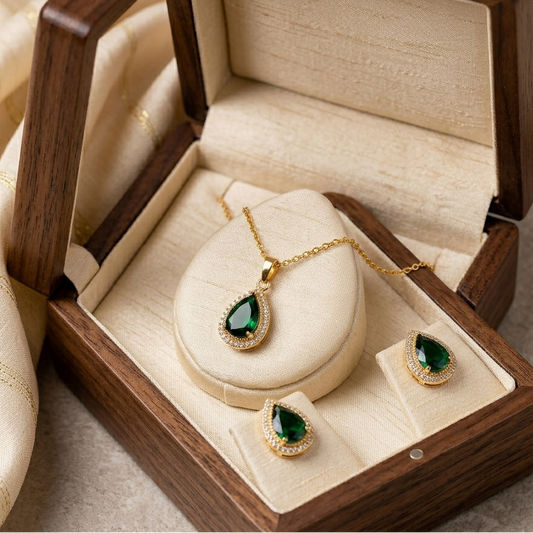 Regal Pear-Cut Teardrop Halo Jewelry Set – Premium 18K Gold Plated Necklace & Stud Earrings