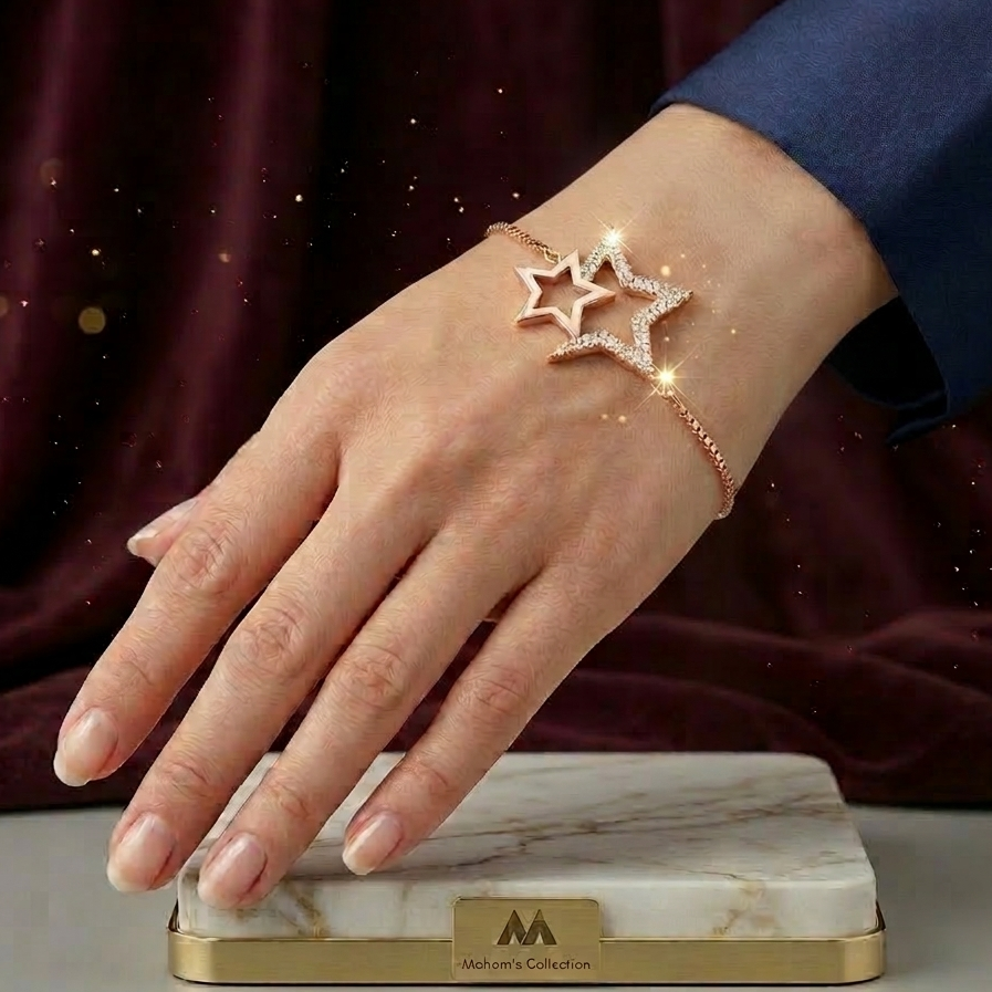 Dazzling Interlocking Star Bolo Bracelet - Adjustable Gold Tone, Free Size