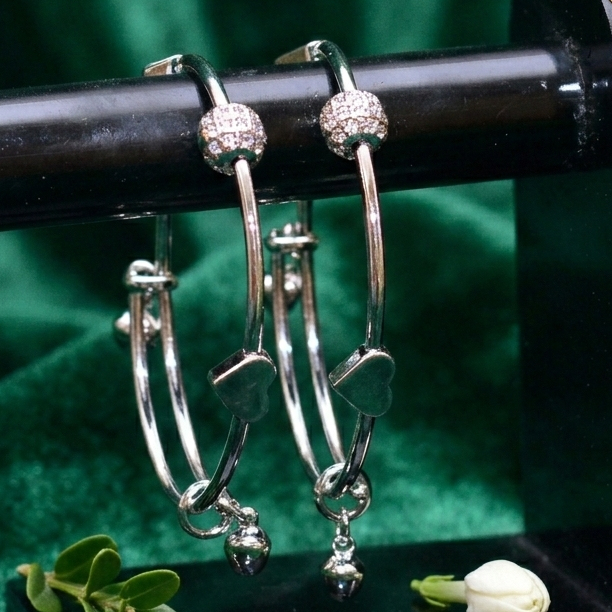 Heart Charm Adjustable Bangles with Sparkling Pave Beads & Mini Bells (Set of 2) – Gold & Silver Tone