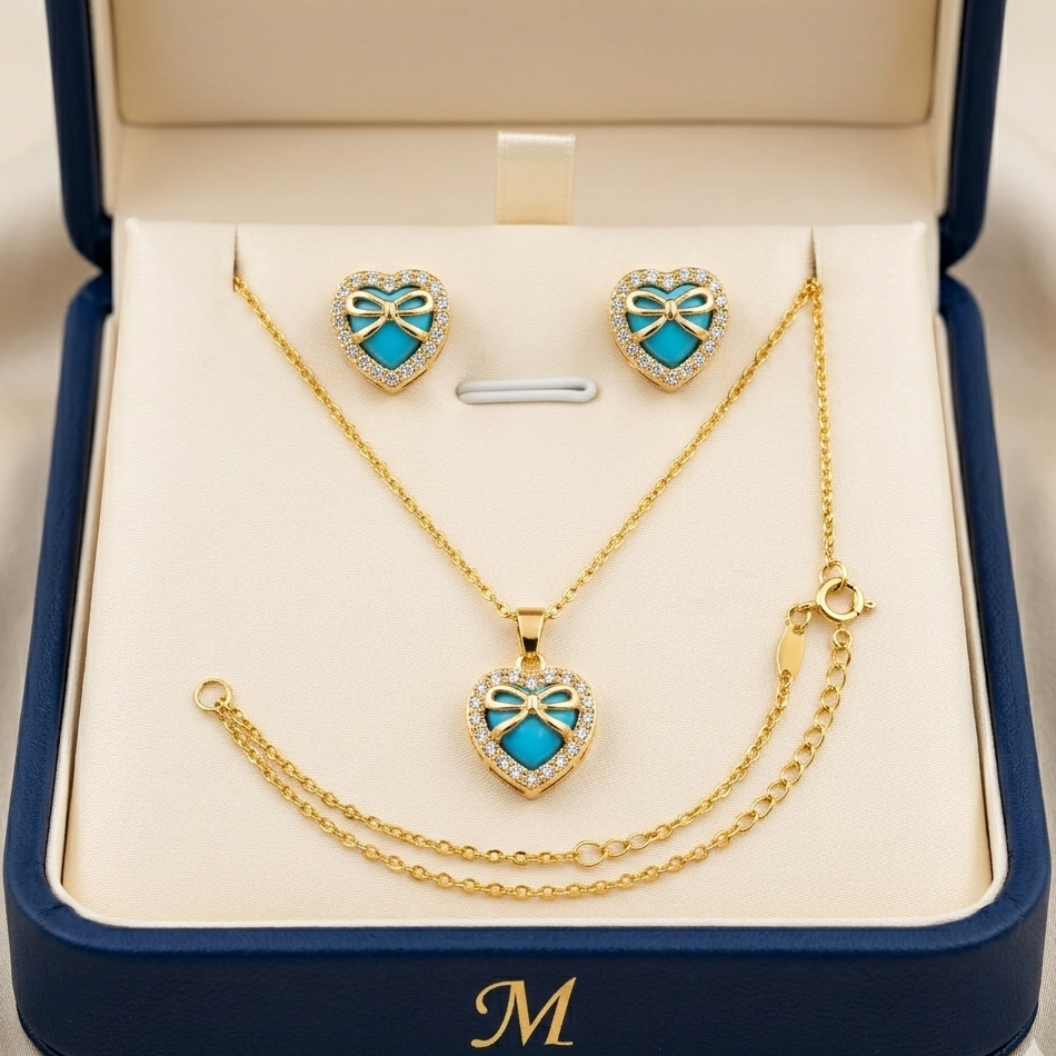 Enchanted Heart & Bow Jewelry Set – Premium 18K Gold & Silver Plated Necklace and Earrings Set