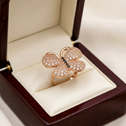 Golden Butterfly Adjustable Ring with Black, White & Pink Accents