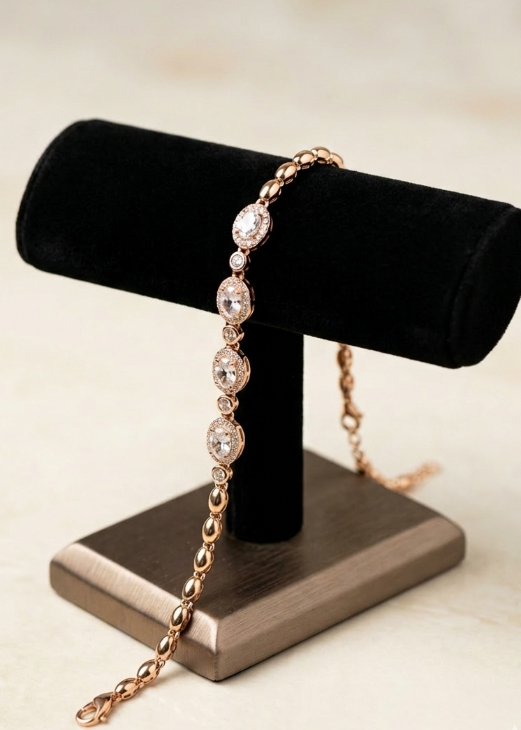 Classic Oval Solitaire Tennis Bracelet for Women - White Stone & Gold Tone, Free Size