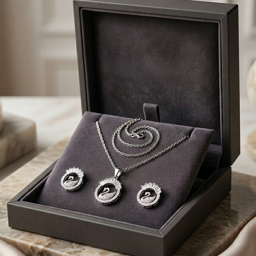 Majestic Swan Crystal Jewelry Set – Elegant Necklace & Matching Earrings (3 Colors)