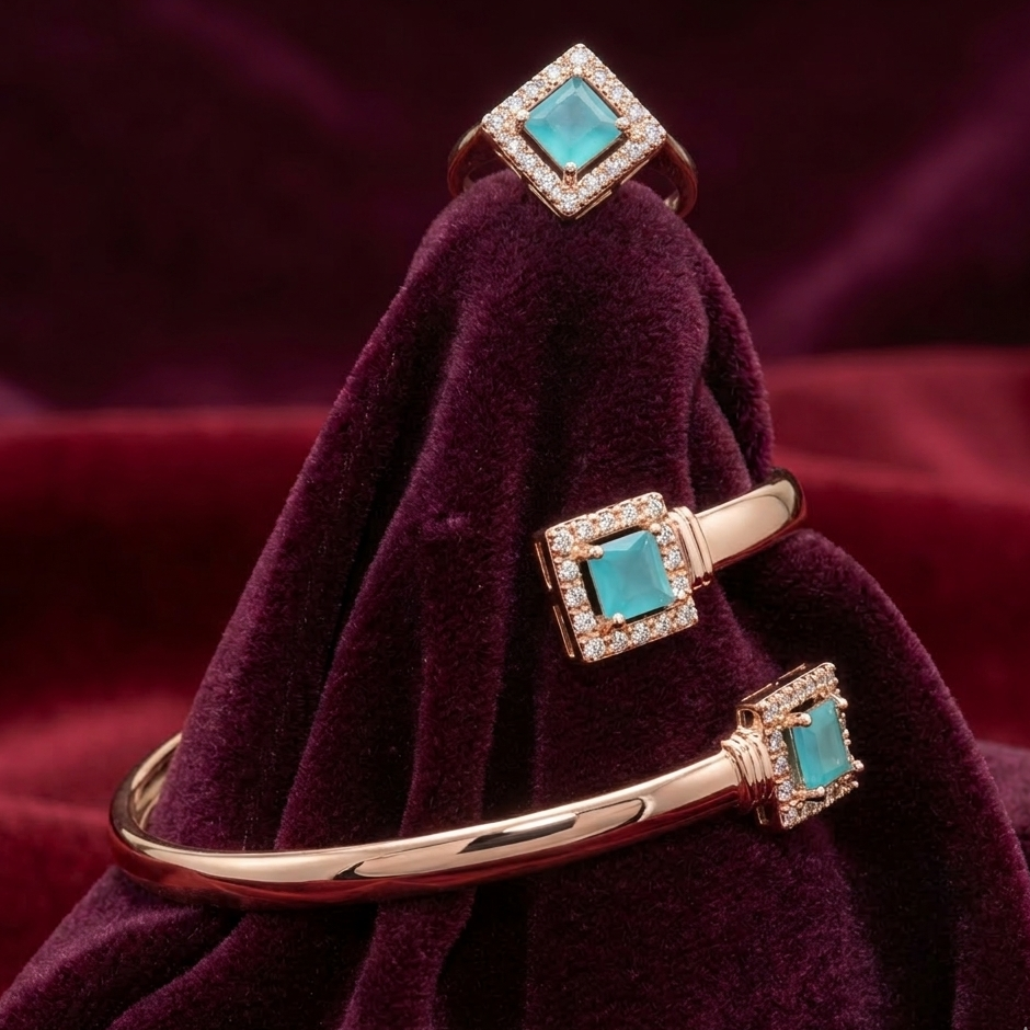 Gold Mint Square Stone Bracelet and Ring Set for Women - Adjustable Halo Crystal Jewelry - Maham's Collection