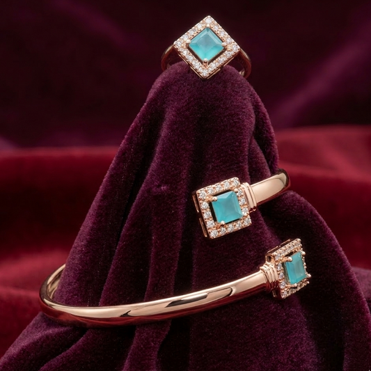 Gold Mint Square Stone Bracelet and Ring Set for Women - Adjustable Halo Crystal Jewelry - Maham's Collection