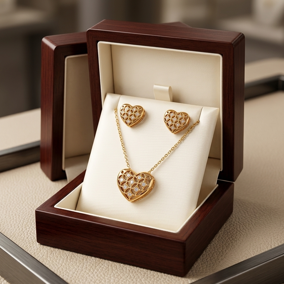 Filigree Heart Pendant & Earrings Set – Diamond-Cut Stone Studded Jewelry (Available in Gold & Silver)