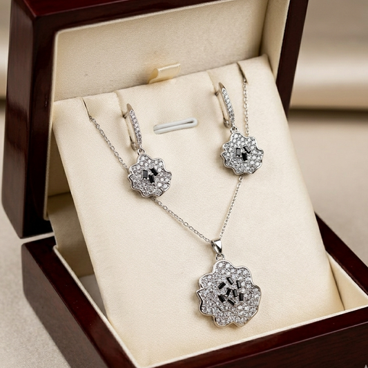 Midnight Blossom Diamond-Style Jewelry Set – Silver Plated Flower Pendant & Lever-Back Drop Earrings