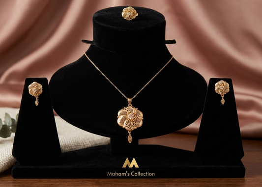 Gold-Tone Floral Pendant Set with Pink Stone Accent & Ring
