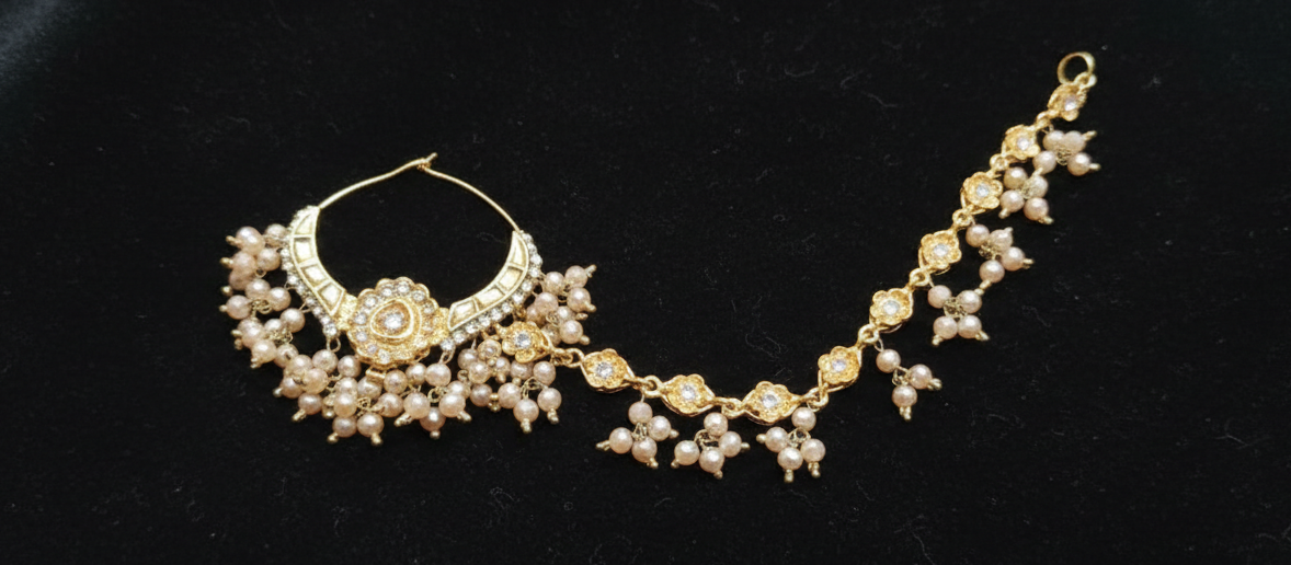Traditional Kundan & Pearl Bridal Nath with Extended Floral Chain – Available in 6 Colors