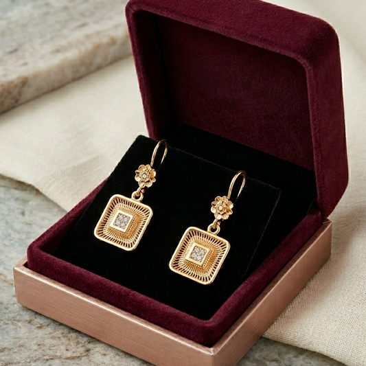 Royal Square Filigree Drop Earrings with Floral Accent – Gold Plated Elegant Dangle Earrings