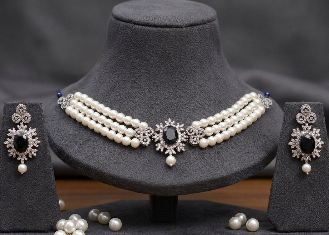 Elegant 3-Layer Pearl Choker Necklace & Earring Set - Available in 3 Gemstone Colors