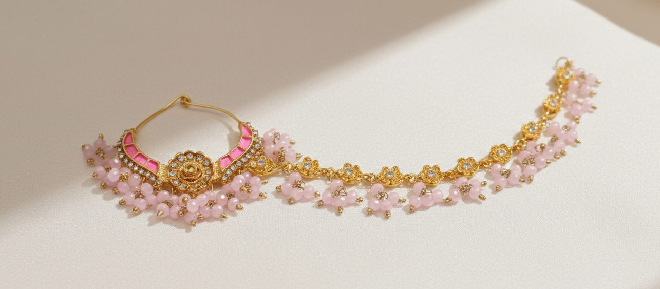 Traditional Kundan & Pearl Bridal Nath with Extended Floral Chain – Available in 6 Colors