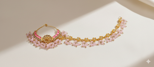 Traditional Kundan & Pearl Bridal Nath with Extended Floral Chain – Available in 6 Colors