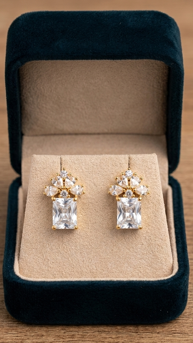 Elegant Emerald-Cut Floral Stud Earrings | Multi-Color Crystal Drops