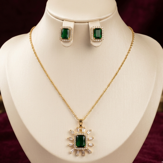 Regal Sunburst Baguette Pendant & Earrings Set – 18K Gold Plated Luxury Jewelry (Available in 3 Colors)