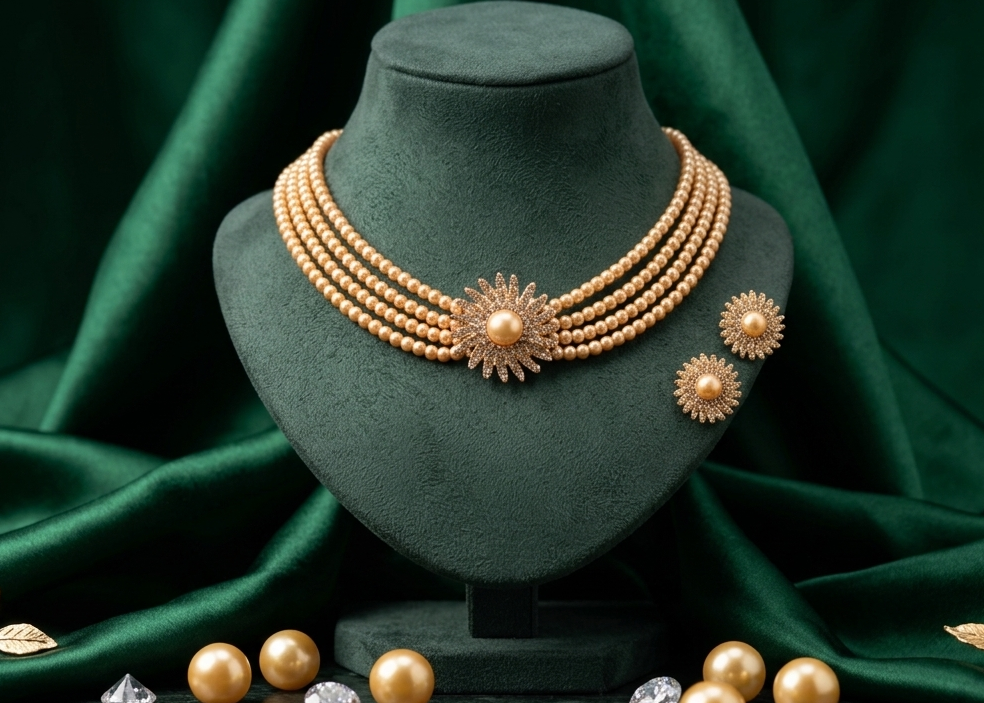 Three-Layered Pearl Beaded Choker Set with Starburst Pendant | 4 Colors