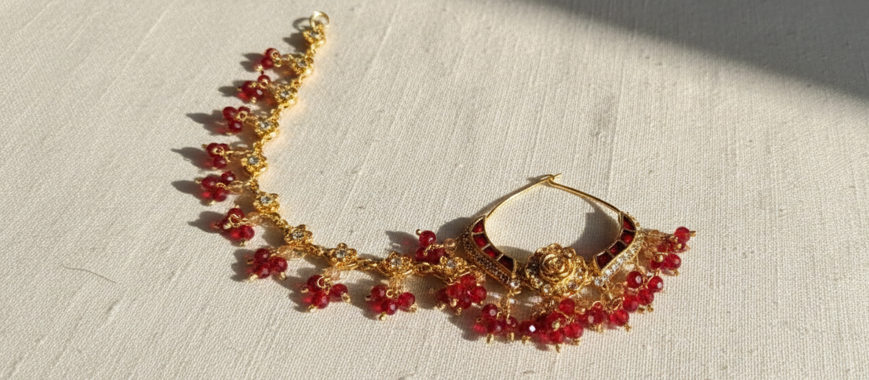 Traditional Kundan & Pearl Bridal Nath with Extended Floral Chain – Available in 6 Colors
