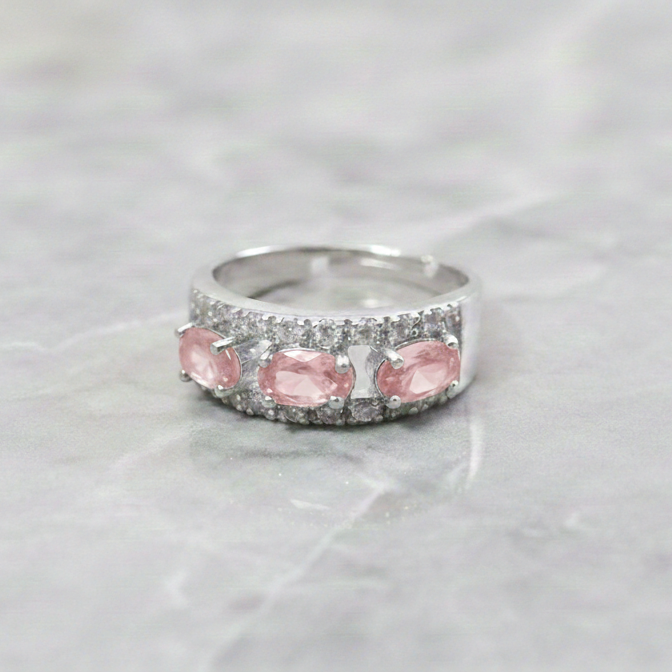 Luminous Oval Triple-Stone Adjustable Ring – Elegant Pave Border Statement Piece