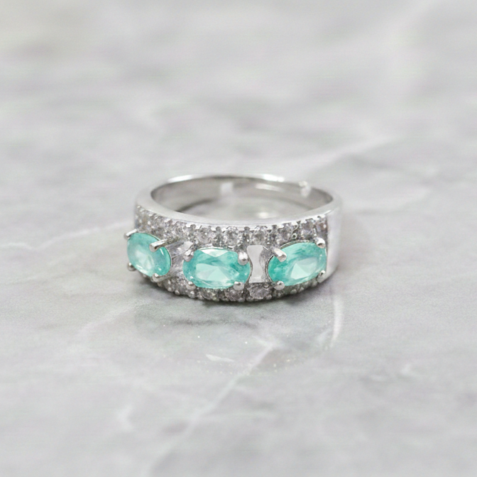 Luminous Oval Triple-Stone Adjustable Ring – Elegant Pave Border Statement Piece