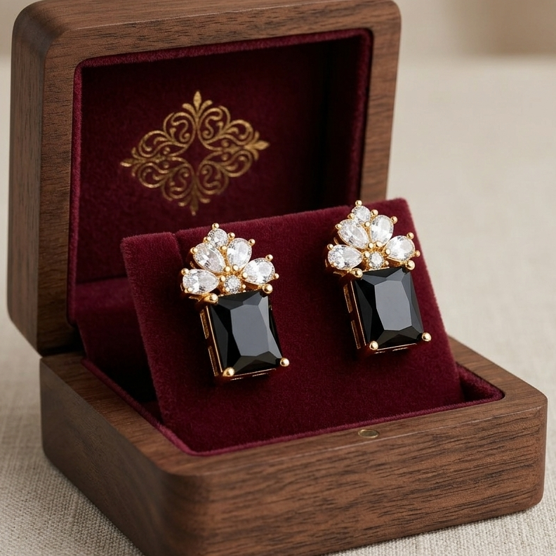 Elegant Emerald-Cut Floral Stud Earrings | Multi-Color Crystal Drops