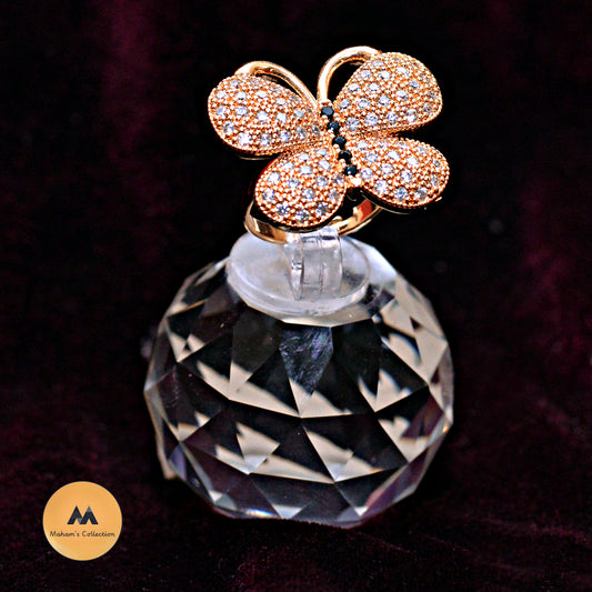 Golden Butterfly Adjustable Ring with Black, White & Pink Accents