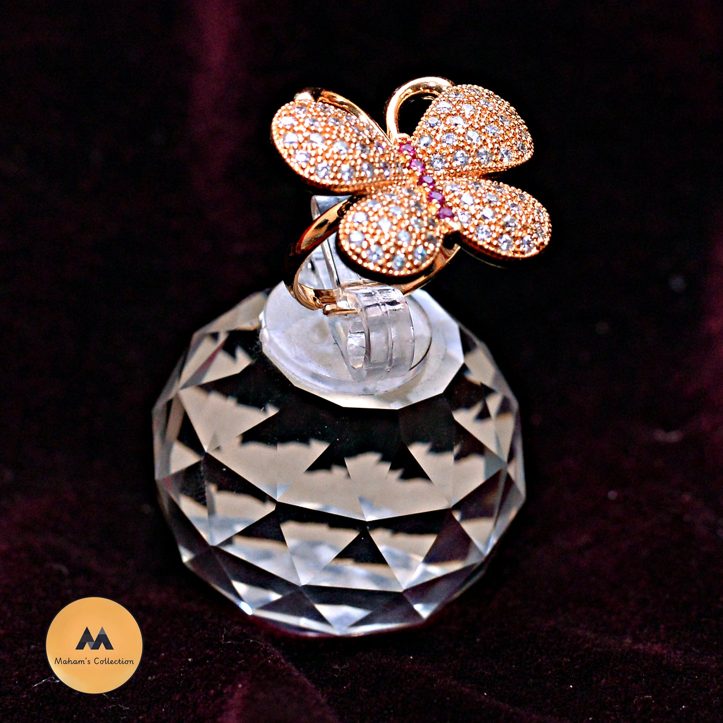 Golden Butterfly Adjustable Ring with Black, White & Pink Accents