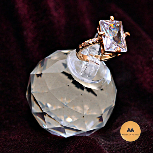 Golden Adjustable Ring with White Rectangular Stone – Free Size