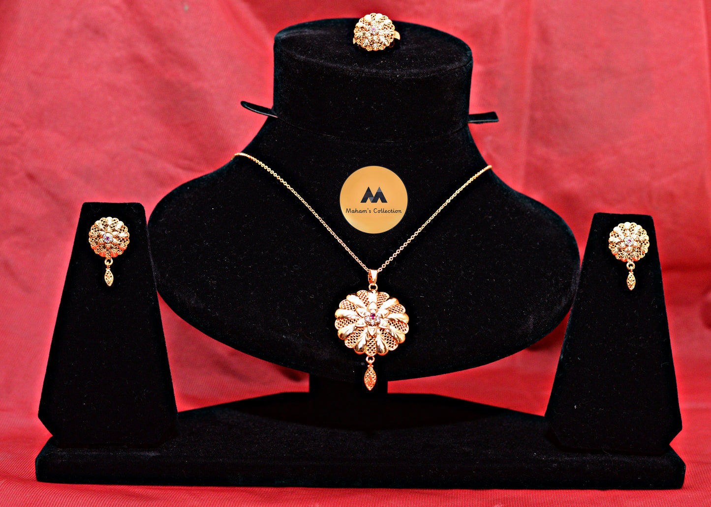 Dazzling Gold-Tone Stone-Studded 3-Pc Floral Pendant Set