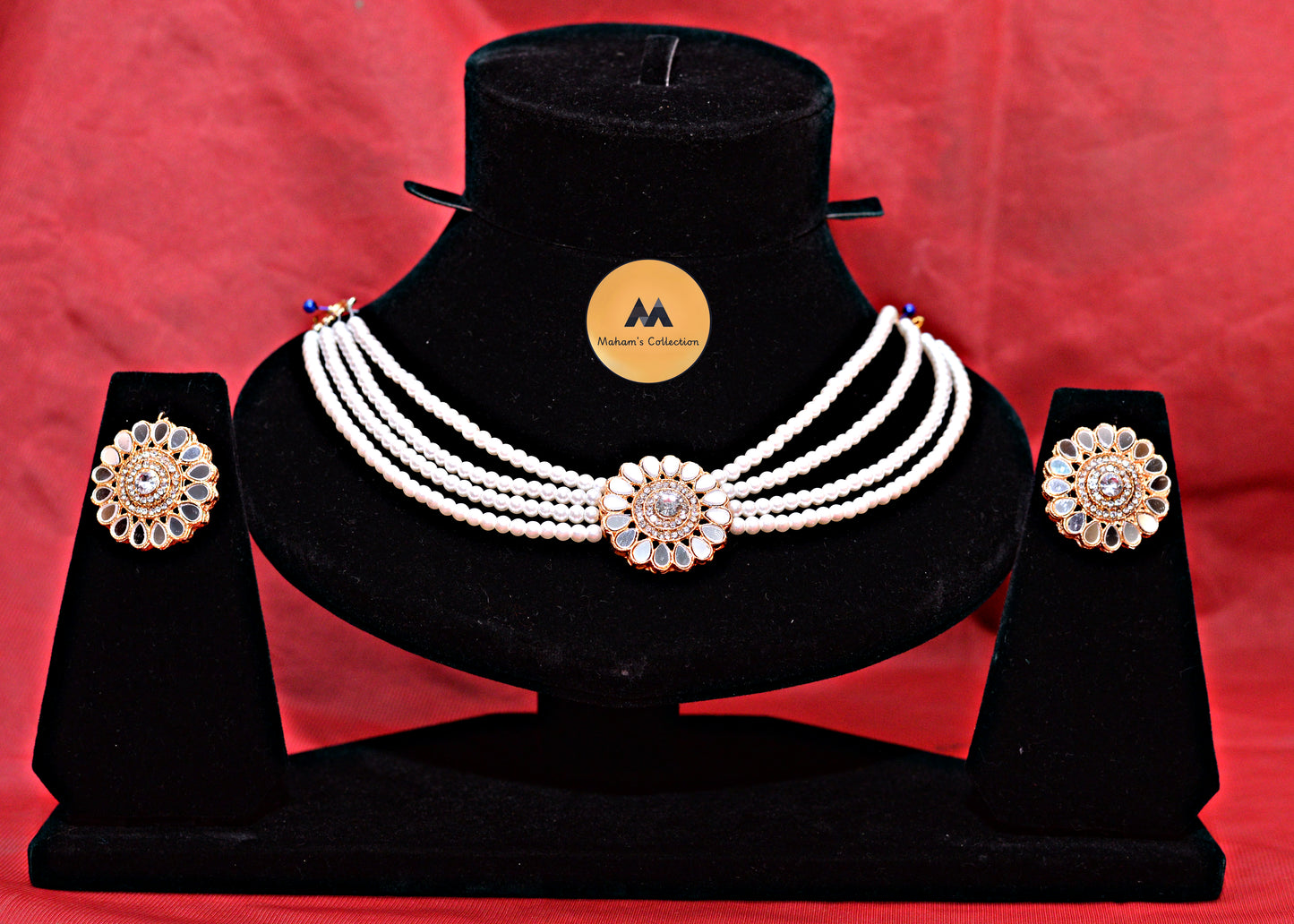 Kundan Mirror Work Choker Necklace Set with Earrings | 4 Colors